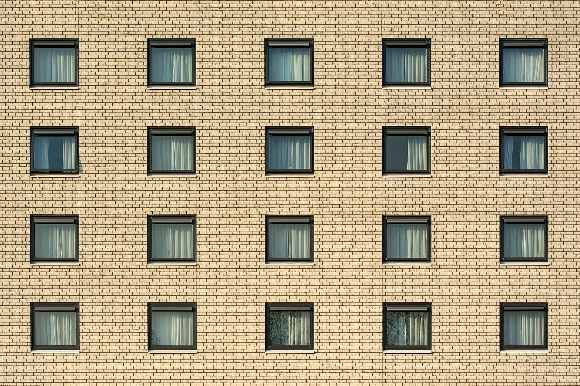 Brick wall with rows of dark-framed windows set in evenly spaced openings